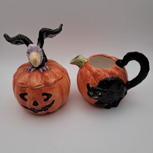 Rare 1988 Fitz Floyd Vulture Black Cat Jack O Lantern Sugar Bowl And Creamer Set